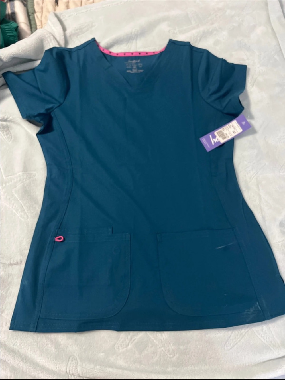 Heart Soul Teal Short Sleeve V-Neck Scrub Top with Pink Trim